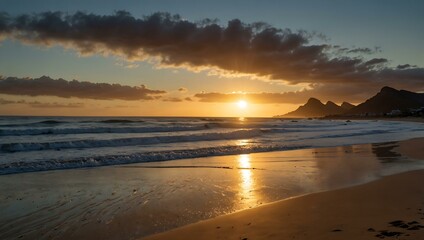 Obraz premium Sunrise panorama of a sandy beach in South Africa.