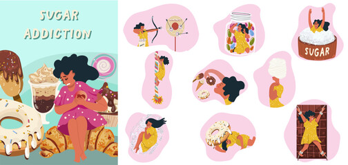 Fototapeta premium Sugar addiction hand drawn composition with icons of health effects and set of isolated sweets images vector illustration.