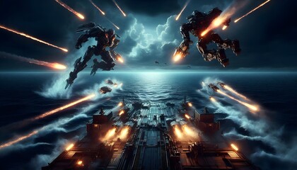 Fototapeta premium Mech Warship Battle: Mechs fight over a warship under fire at sea.