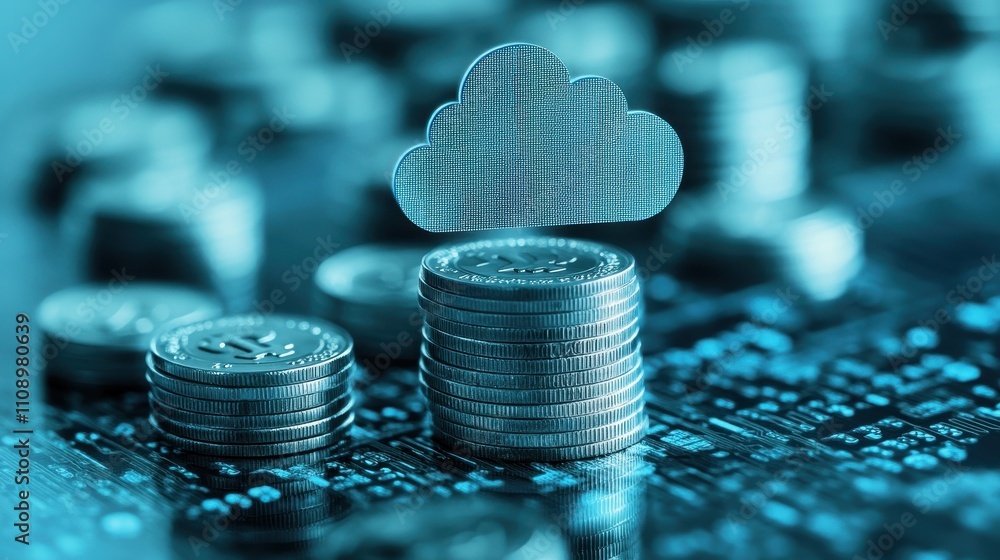Poster a stack of coins is on top of a stack of coins, with a cloud in the middle