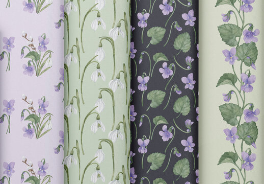 Watercolor Seamless Patterns Set With Floral Elements.