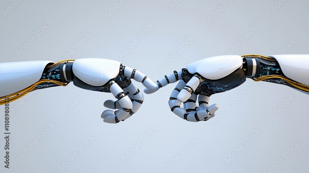 Poster robotic hands reaching out towards each other showcasing advanced technology and design