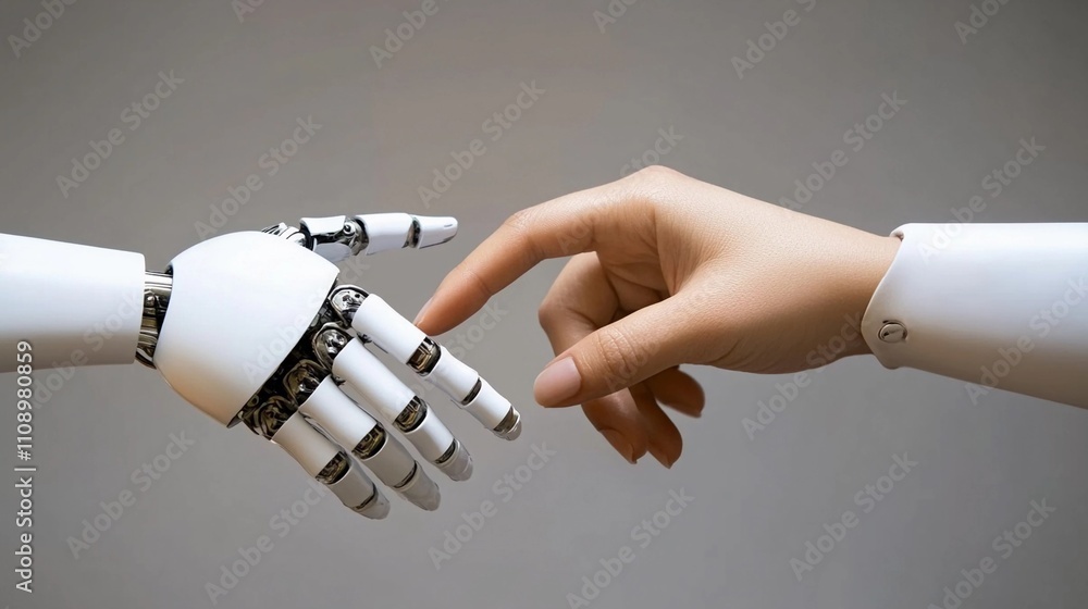 Poster human hand reaching out to a robotic hand in a display of connection and technology innovation