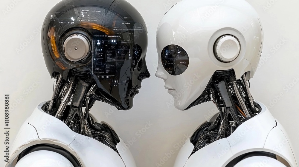 Poster robots face each other with contrasting designs in a tech exhibition