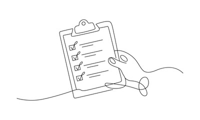 One line art of clipboard checklist holding hand vector art illustration