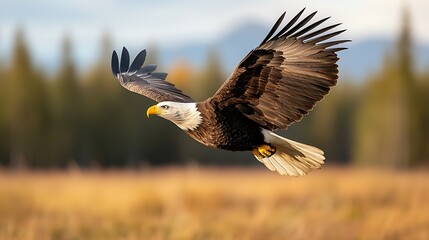 Obraz premium Majestic bald eagle soars over meadow a wildlife photography exploration of freedom
