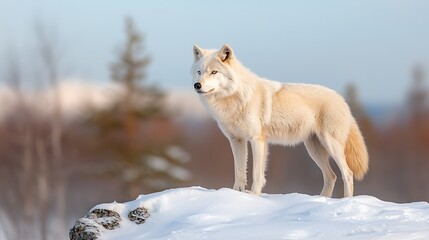 Naklejka premium Stunning arctic wolf close-up in snowy landscape majestic winter wildlife photography
