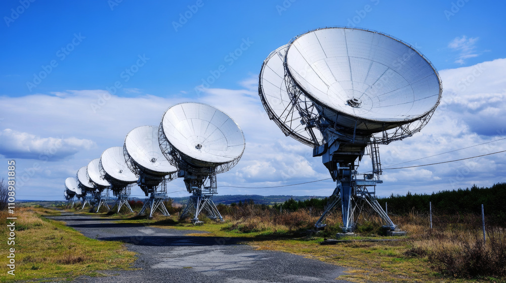 Poster communication technology. wireframe background. the satellite transmits the signal from space to ear