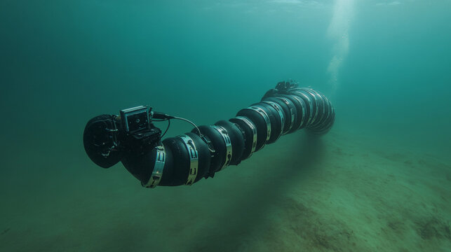 Autonomous underwater robot snake surveys underwater metal constructions. Biomorphic mechanism explores ocean in autonomous mode or remotely operated. Robot streaming video. Future technology concept.