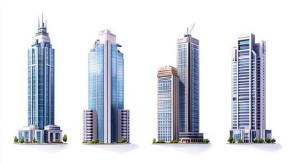 Fototapeta premium Illustrated modern building icons of buildings including offices and residential towers on white background