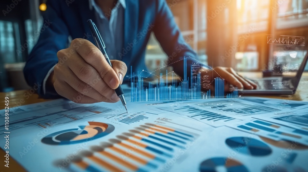 Poster businessman analyzing data with charts and graphs