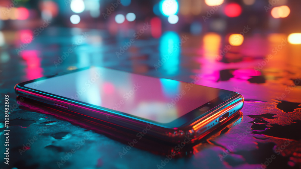 Poster phone with empty screen is on the table or reflection surface. smartphone lies on desktop. 3d isomet