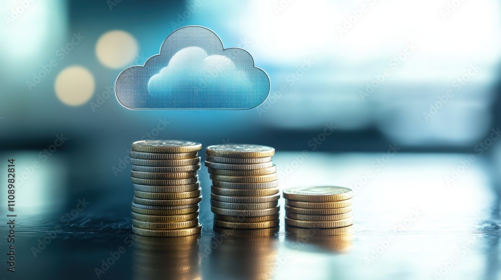 Poster a stack of coins is on a table with a cloud in the background