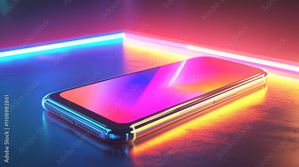 Poster phone with empty screen is on the table or reflection surface. smartphone lies on desktop. 3d isomet