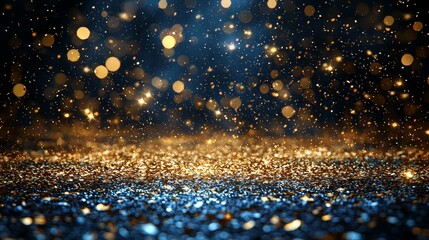 Naklejka premium A dark blue and gold glittery background with bokeh lights