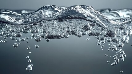 A close up of water bubbles on a gray background