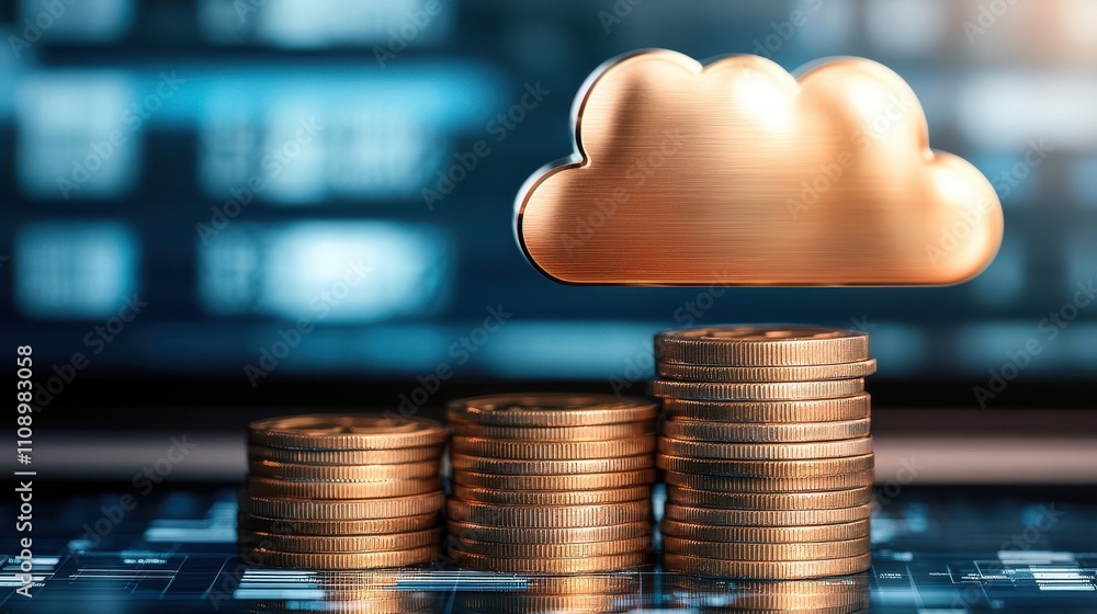 Poster a stack of coins and a cloud symbol on a computer screen