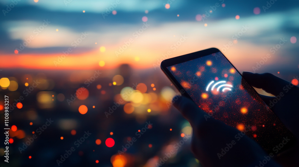 Poster 5g digital network symbol on screen modern smartphone on background clear heavens and luminous signa