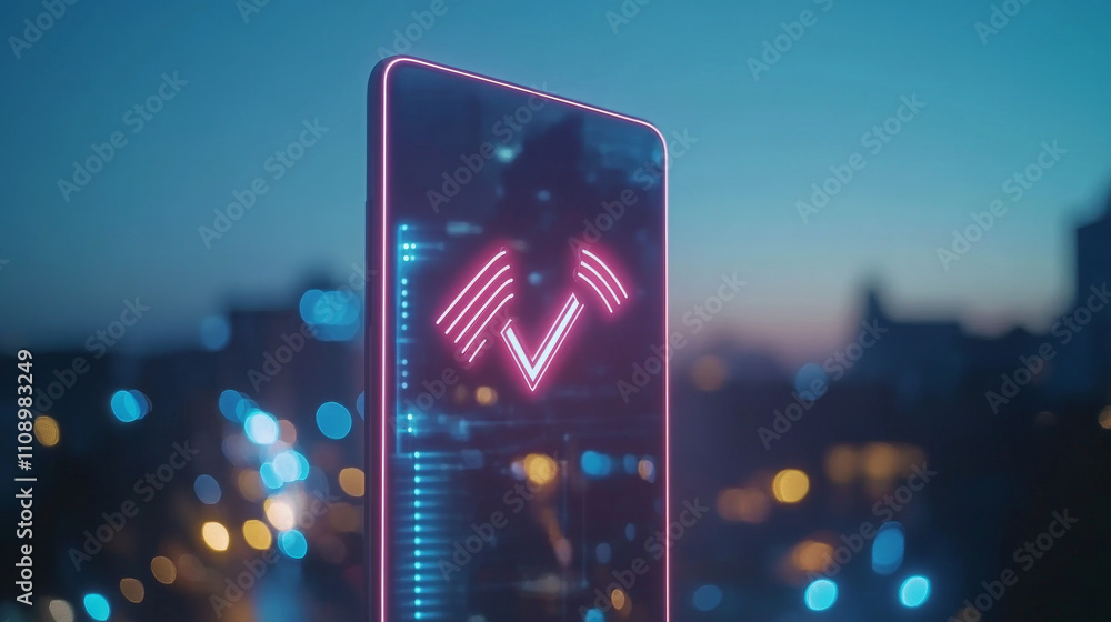 Poster 5g digital network symbol on screen modern smartphone on background clear heavens and luminous signa