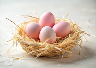 Minimalist Pink Eggs Nest Photography: Delicate Straw, White Background