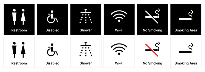 Universal Public Signage Icons for Restrooms, Accessibility, Shower room, WiFi zone, No-Smoking and Smoking Area sign. Male and female gender symbols. disabled icon. toilet public pictogram.
