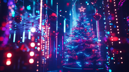 2025 new year. Christmas tree with digital number year in neon light. Celebration banner in computer cyberpunk technology style. Christmas party event poster in tech cyber decoration. 2025 on blue.