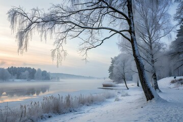 Obraz premium Serene Frozen Lake Landscape with Snow-Covered Trees and a Tranquil Water View in the Background: Perfect Winter Scene for Nature, Seasonal, and Scenic Concepts,winter background beautiful wallpaper
