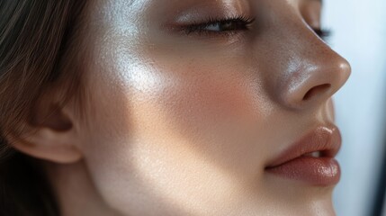 Fototapeta premium Close-up Portrait of a Woman's Face, Highlighting Radiant Skin and Subtle Makeup