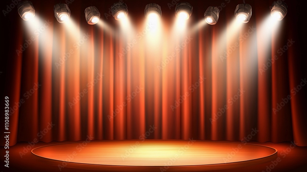 Poster stage with red curtains and spotlight beams set for a performance