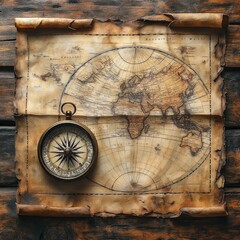Fototapeta premium An antique map with a compass, symbolizing exploration and navigation.