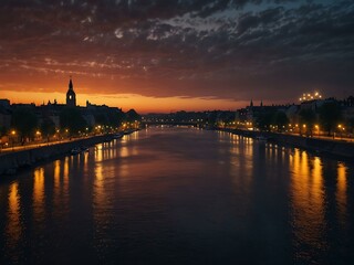 Fototapeta premium Sunset over a city river, reflecting shimmering lights.