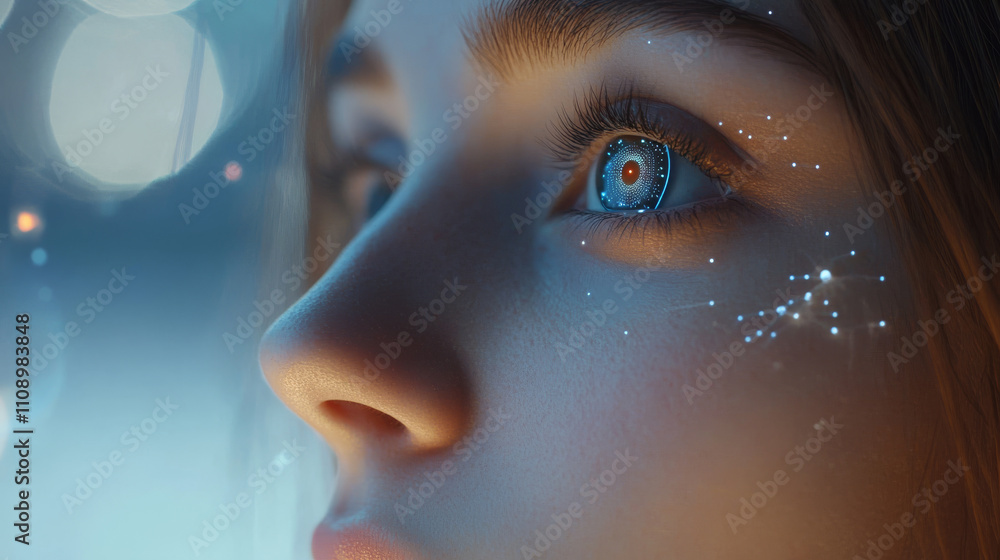 Aufkleber ai. artificial intelligence in human face or head concept. artificial neural network in image woman 