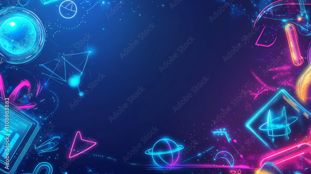 Fototapete double neon vertical frames or borders mock up on blue background in digital computer technology sty