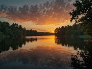 Fototapeta premium Sunset over a lake with trees and sky reflection in the water.