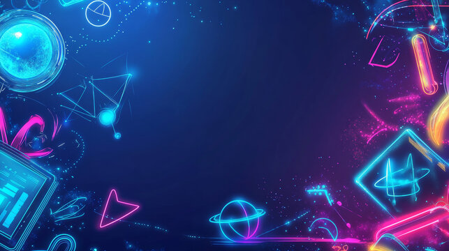 Double neon vertical frames or borders mock up on blue background in digital computer technology style for children. Templates presentation for Kids learning STEM professions. online education course