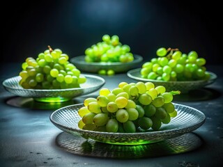 Night Photography: Geometric Green Grapes, Elegant Still Life, Soft Shadows, Dark Background, Plate Arrangement, Food Photography, Artistic Composition