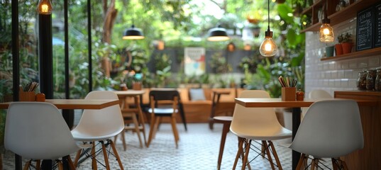 Obraz premium Empty Tables and Chairs Await Customers at a Modern, Boho-Style Cafe Filled With Lush Greenery