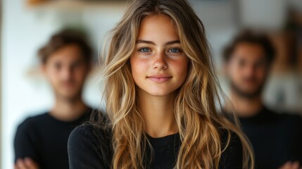 A young woman with freckles standing in front of a group of people
