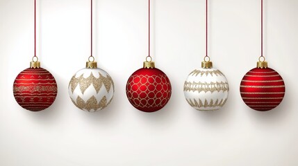 A row of red and white christmas ornaments hanging from a string