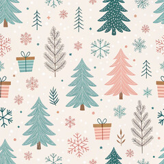 A festive Christmas pattern with trees, snowflakes, and gifts in green and pink colors on a warm brown background. Suitable for wallpapers or textiles.