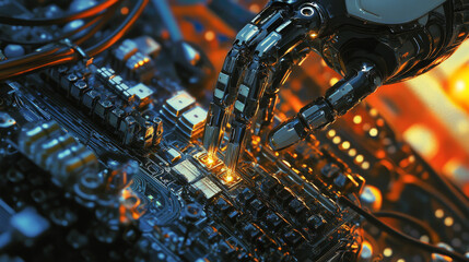 Fototapeta premium the robot repairs itself. The robot arm close-up. The robot holds in a hand a soldering iron and solder the faulty contacts on the finger. Future concept illustration.