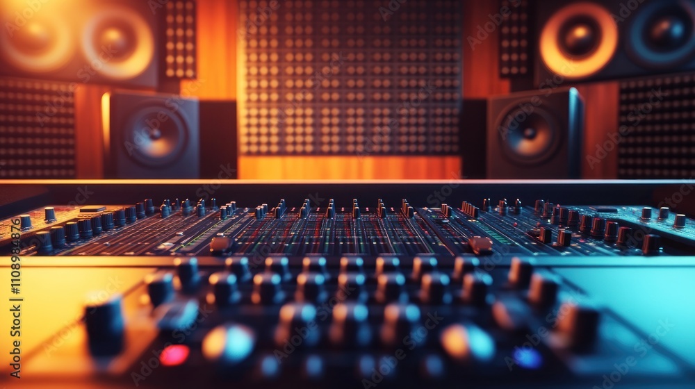 Poster audio mixing console in a music studio setting
