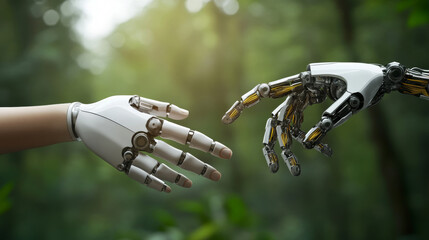 Naklejka premium AI rules world. Robot female queen sits on throne. Beautiful cyborg woman with AI in armchair on podium in cyberspace. Artificial intelligence captured world. Neural network in image of girl cyborg.