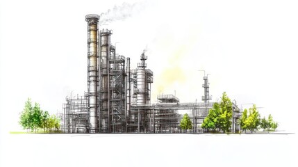 Obraz premium Industrial facility with smokestacks and greenery