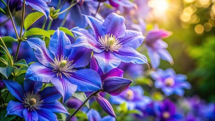 Striking Silhouette of Clematis Jackmanii Flowers in Blue and Violet Tones with Pale Lavender Strokes in a Lush Garden Setting - Perfect for Nature Lovers and Floral Enthusiasts