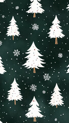 Obraz premium dark green background, repeating pattern of white Christmas trees and snowflakes. minimalist design with festive spirit, perfect for holiday decor, wallpapers, or wrapping paper projects.