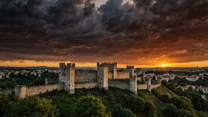 Obraz premium Sunset over medieval city walls with dramatic skies.