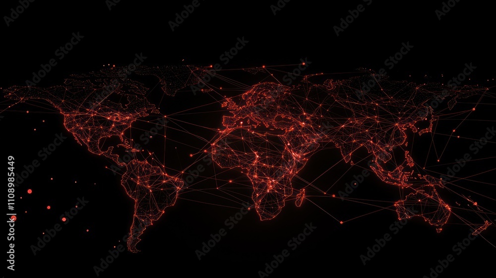 Poster abstract world map with glowing red connections