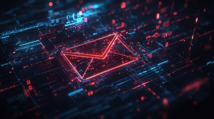 Digital Email Communication Network: Abstract 3D Render of a glowing envelope symbol in a futuristic circuit board, representing modern communication technology.