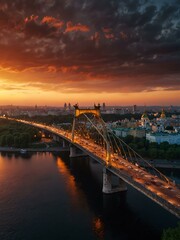 Obraz premium Sunset over North Bridge in Kiev, aerial view.